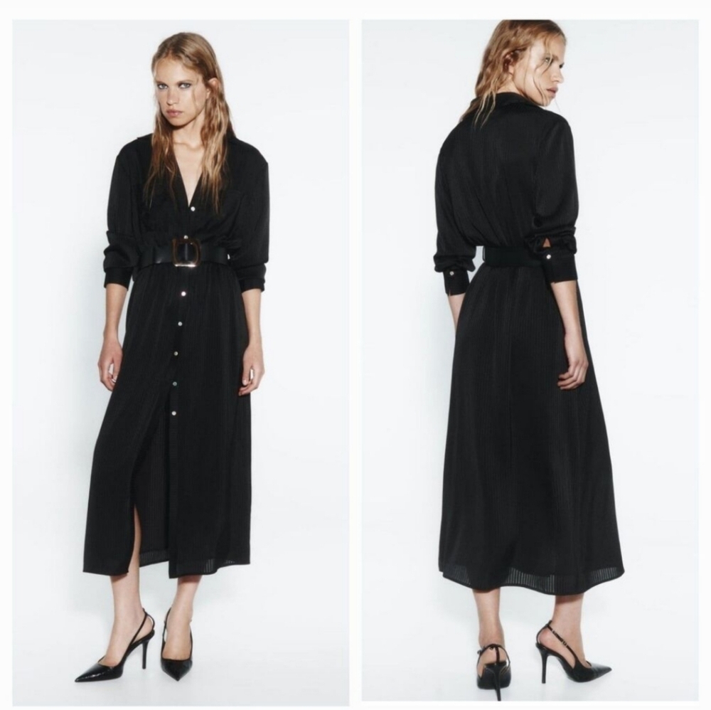 Black Button-Front Midi Shirt Dress